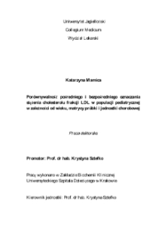 Porównywalność pośredniego i bezpośredniego oznaczania stężenia cholesterolu frakcji LDL w populacji pediatrycznej w zależności od wieku, matrycy próbki i jednostki chorobowej