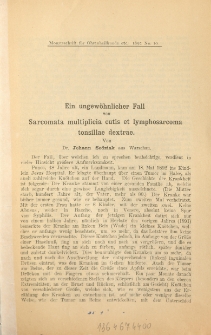 Ein ungewöhnlicher Fall von Sarcomata multiplicia cutis et lymphosarcoma tonsillae dextrae
