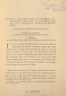 Note on certain facts of cerebral automatism observed in hysteria during the cataleptic period of hypnotism : suggestion by the muscular sense