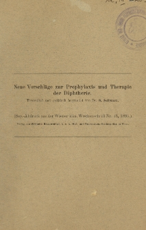 Neue Vorschläge zur Prophylaxis und Therapie der Diphtherie